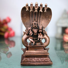 Copper Lakshmi Narasimha Sitting on Sheshnag Idol, Handcrafted Traditional Vigraham for Pooja & Decor, Brown, 6 Inch, 1 Piece