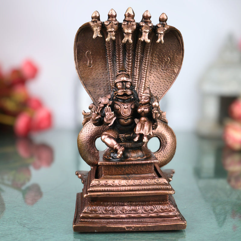 Copper Lakshmi Narasimha Sitting on Sheshnag Idol, Handcrafted Traditional Vigraham for Pooja & Decor, Brown, 6 Inch, 1 Piece