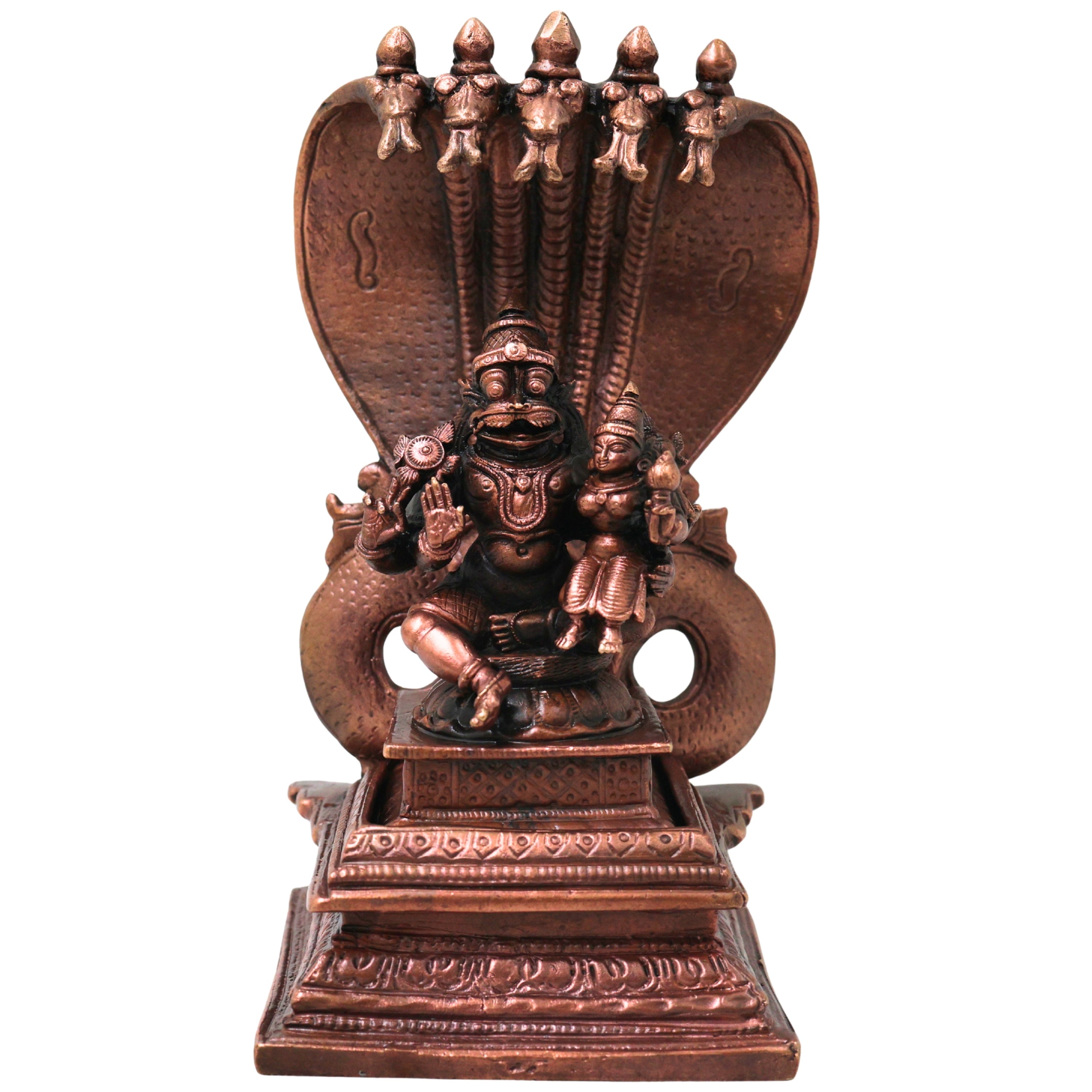 Copper Lakshmi Narasimha Sitting on Sheshnag Idol, Handcrafted Traditional Vigraham for Pooja & Decor, Brown, 6 Inch, 1 Piece