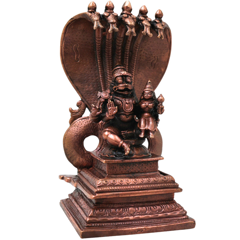 Copper Lakshmi Narasimha Sitting on Sheshnag Idol, Handcrafted Traditional Vigraham for Pooja & Decor, Brown, 6 Inch, 1 Piece