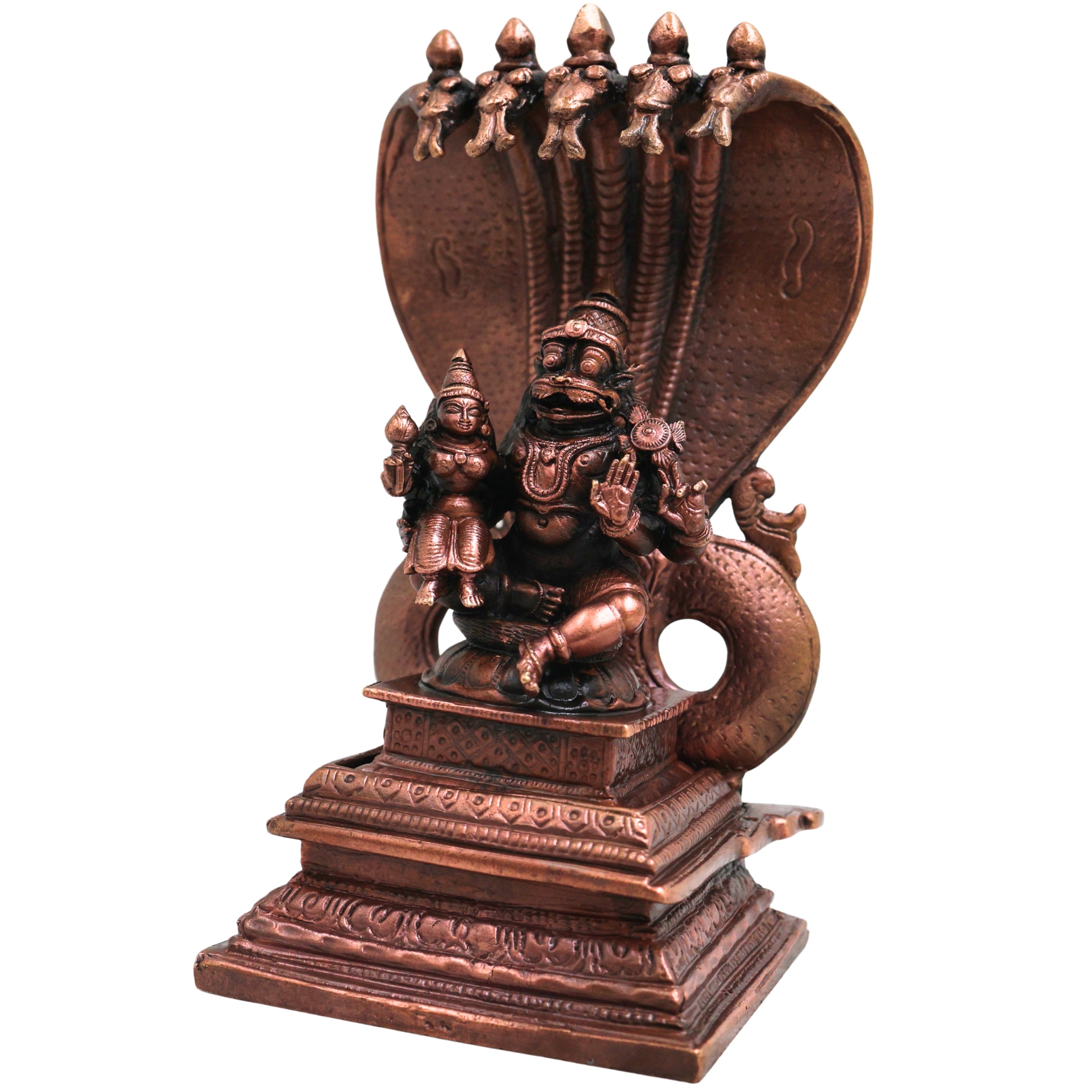 Copper Lakshmi Narasimha Sitting on Sheshnag Idol, Handcrafted Traditional Vigraham for Pooja & Decor, Brown, 6 Inch, 1 Piece