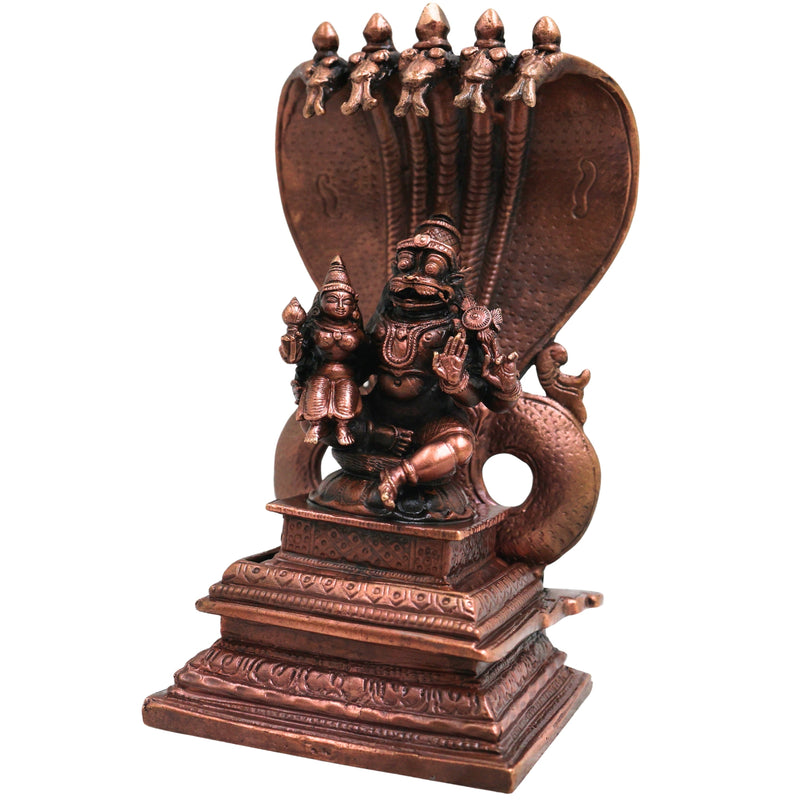 Copper Lakshmi Narasimha Sitting on Sheshnag Idol, Handcrafted Traditional Vigraham for Pooja & Decor, Brown, 6 Inch, 1 Piece