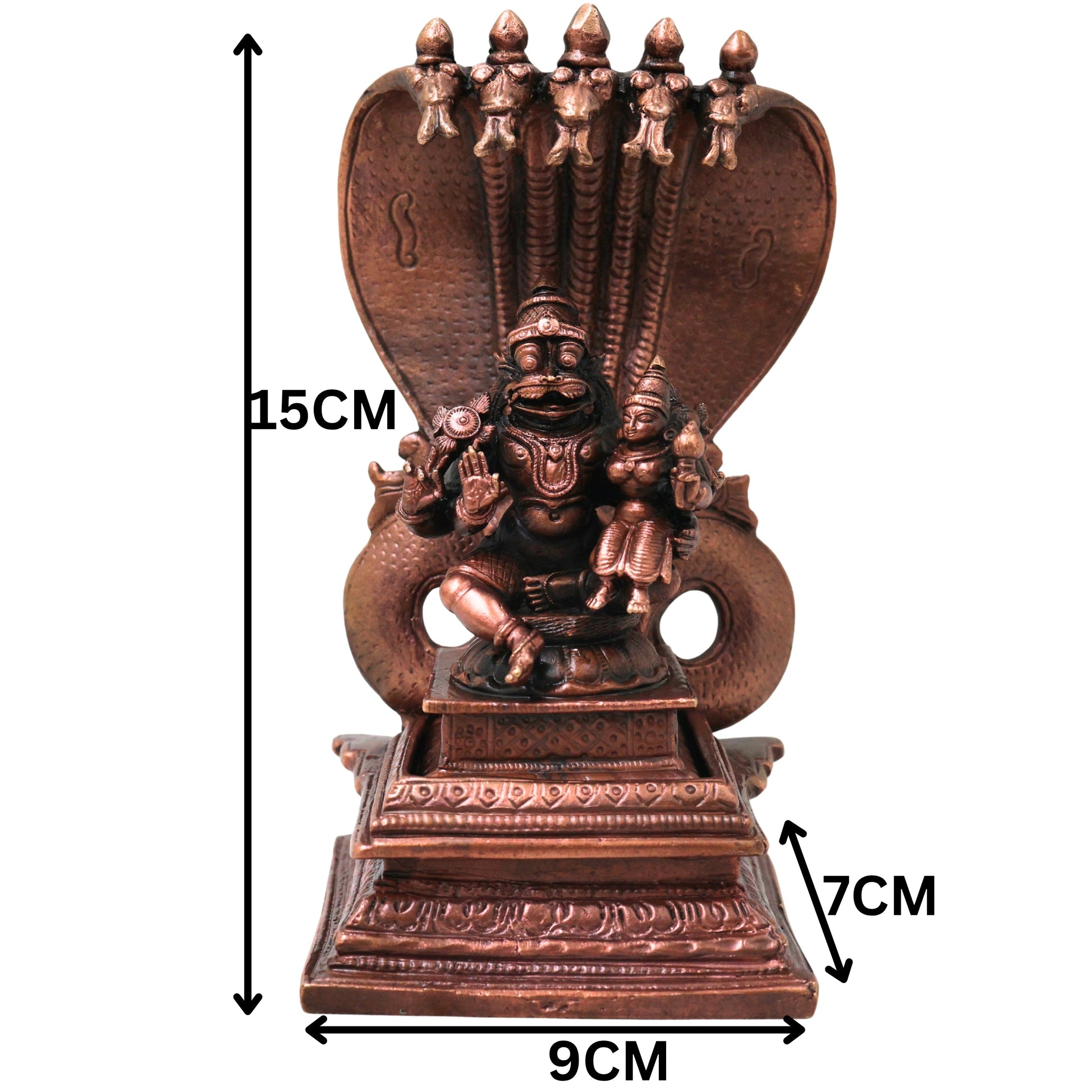 Copper Lakshmi Narasimha Sitting on Sheshnag Idol, Handcrafted Traditional Vigraham for Pooja & Decor, Brown, 6 Inch, 1 Piece