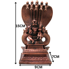 Copper Lakshmi Narasimha Sitting on Sheshnag Idol, Handcrafted Traditional Vigraham for Pooja & Decor, Brown, 6 Inch, 1 Piece