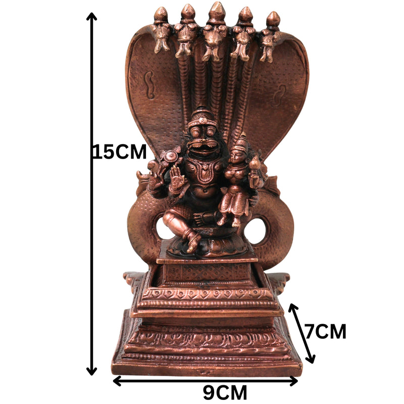 Copper Lakshmi Narasimha Sitting on Sheshnag Idol, Handcrafted Traditional Vigraham for Pooja & Decor, Brown, 6 Inch, 1 Piece