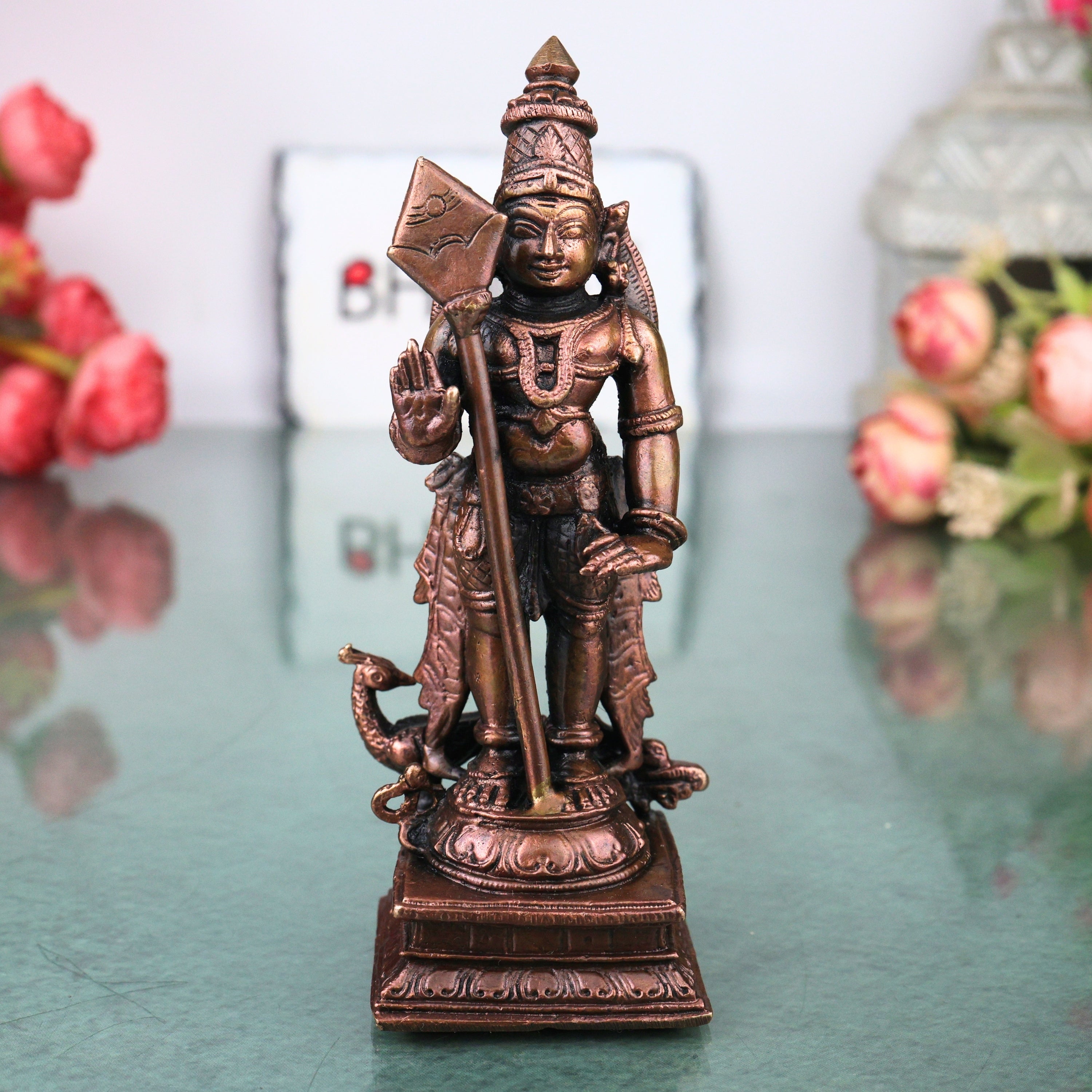 Copper Murugan Idol, Handcrafted Chola Style Subrahmanya Kartikeya Statue for Pooja, Decor & Gifting, Brown, 4.5 Inch, 1 Piece