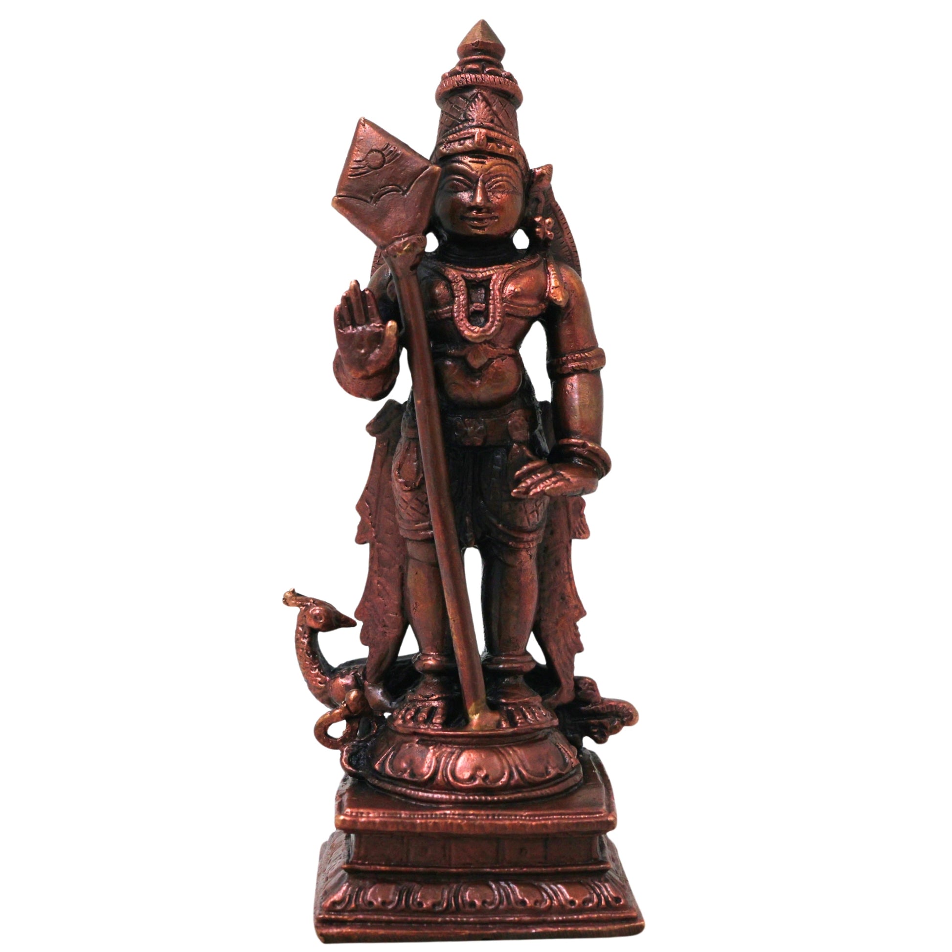 Copper Murugan Idol, Handcrafted Chola Style Subrahmanya Kartikeya Statue for Pooja, Decor & Gifting, Brown, 4.5 Inch, 1 Piece