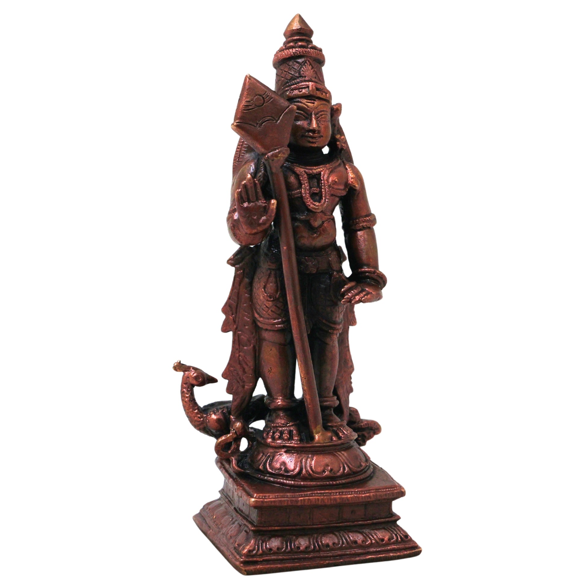 Copper Murugan Idol, Handcrafted Chola Style Subrahmanya Kartikeya Statue for Pooja, Decor & Gifting, Brown, 4.5 Inch, 1 Piece