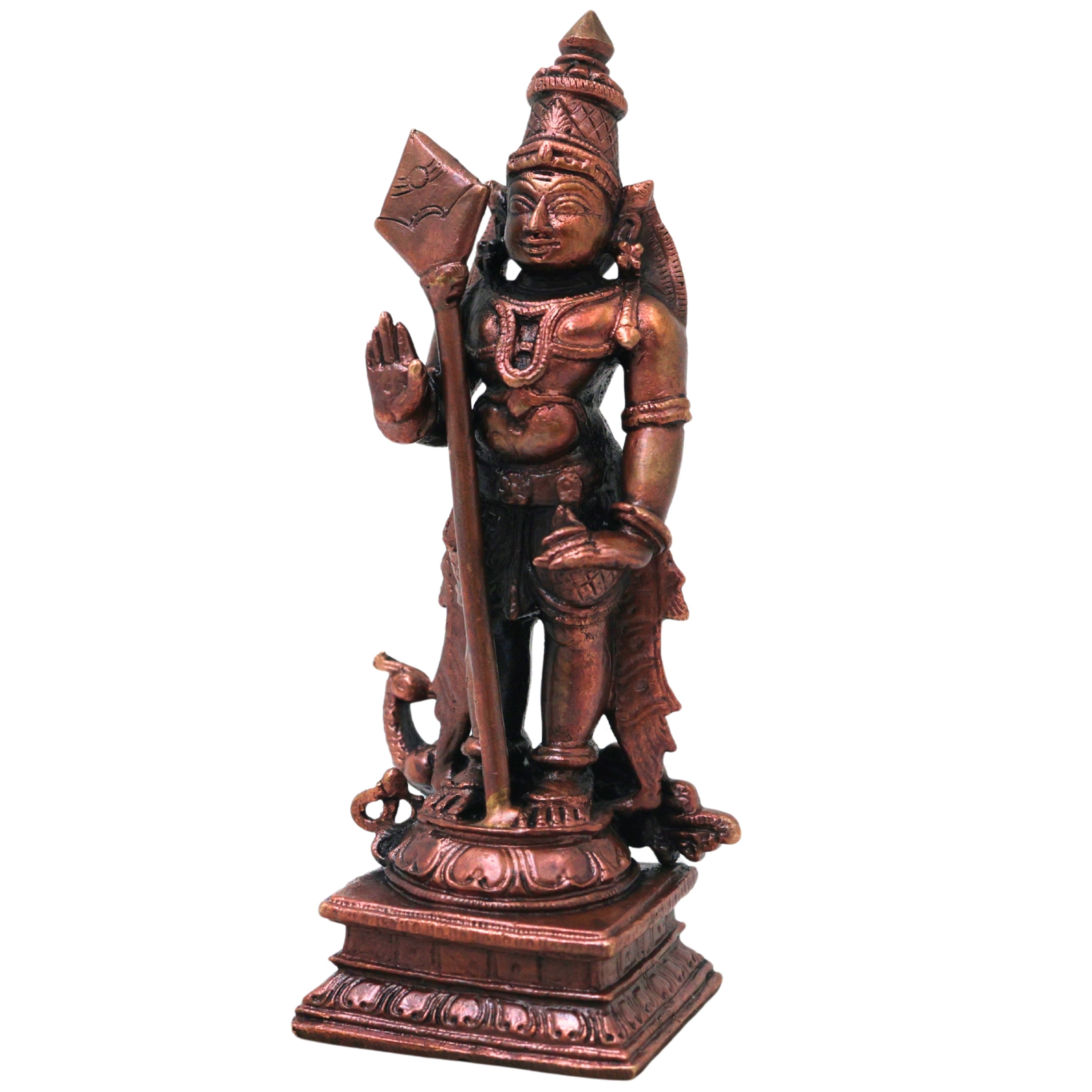 Copper Murugan Idol, Handcrafted Chola Style Subrahmanya Kartikeya Statue for Pooja, Decor & Gifting, Brown, 4.5 Inch, 1 Piece