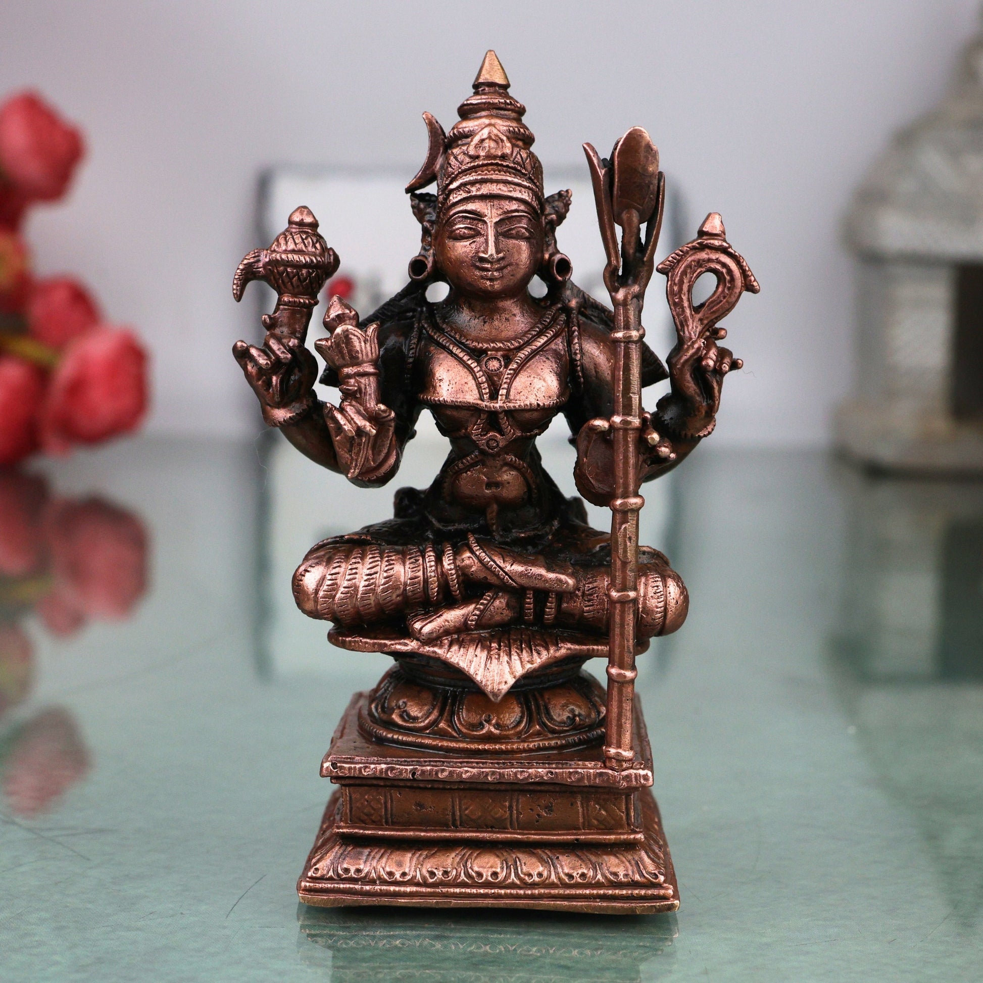 Copper Kamakshi Devi Idol, Handmade Kanchi Kamakshi Murti for Pooja, Vastu, Temple &amp; Spiritual Decor, Brown, 3.5 Inch, 1 Piece
