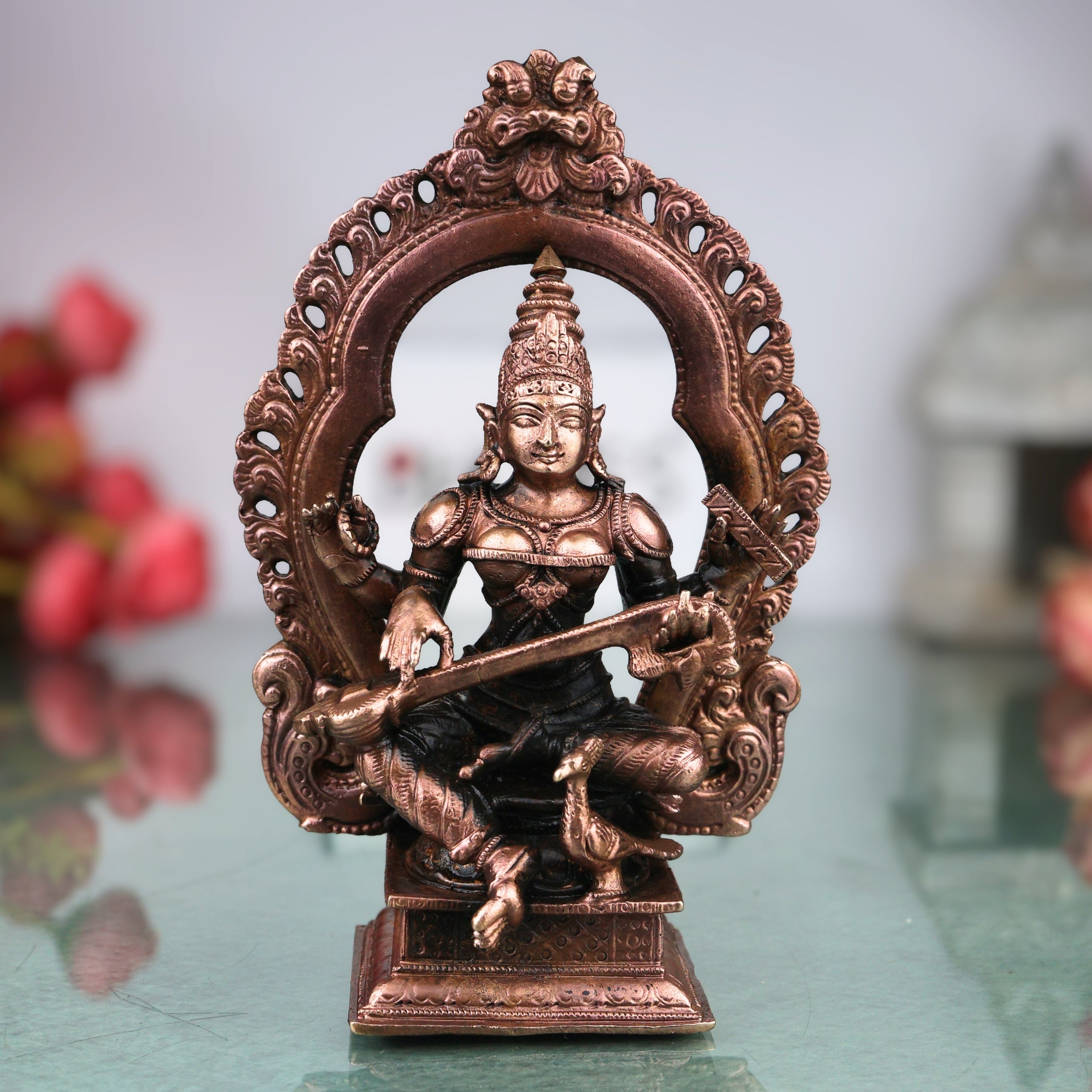 Handcrafted Copper Saraswati Idol Murti Statue for Pooja, Study, Temple Decor &amp; Spiritual Gift, Brown, 5.5 Inch, 1 Piece
