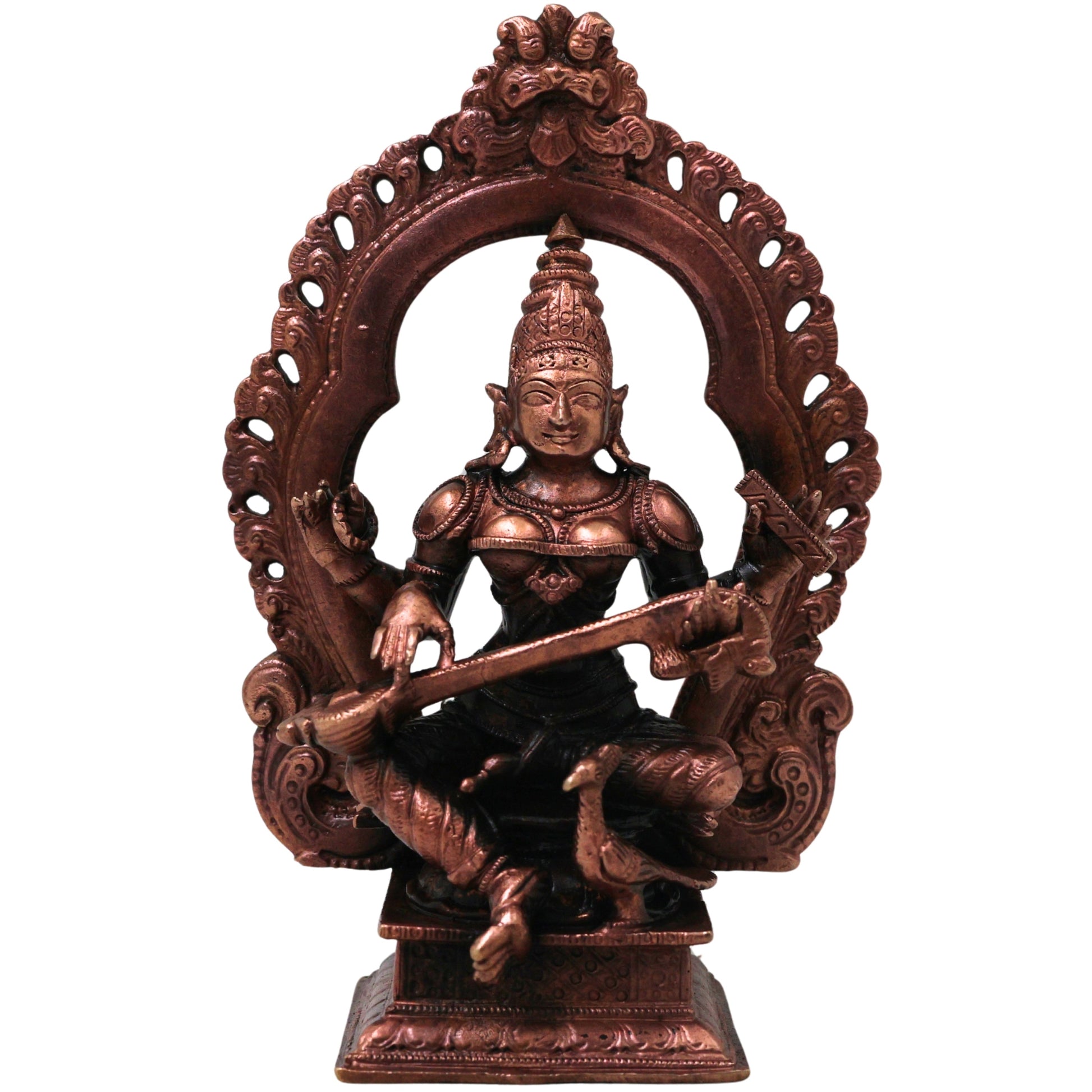 Handcrafted Copper Saraswati Idol Murti Statue for Pooja, Study, Temple Decor &amp; Spiritual Gift, Brown, 5.5 Inch, 1 Piece