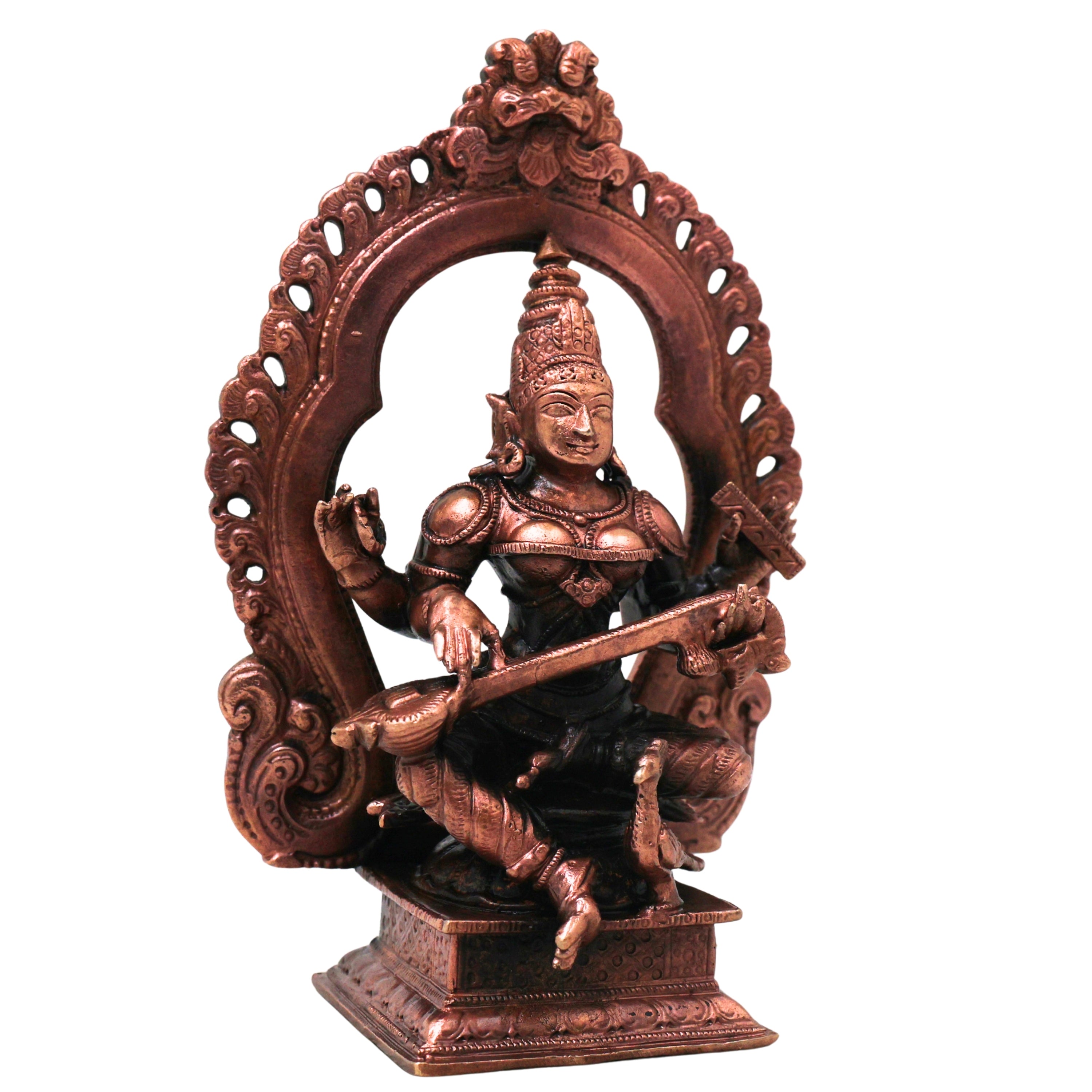 Handcrafted Copper Saraswati Idol Murti Statue for Pooja, Study, Temple Decor &amp; Spiritual Gift, Brown, 5.5 Inch, 1 Piece
