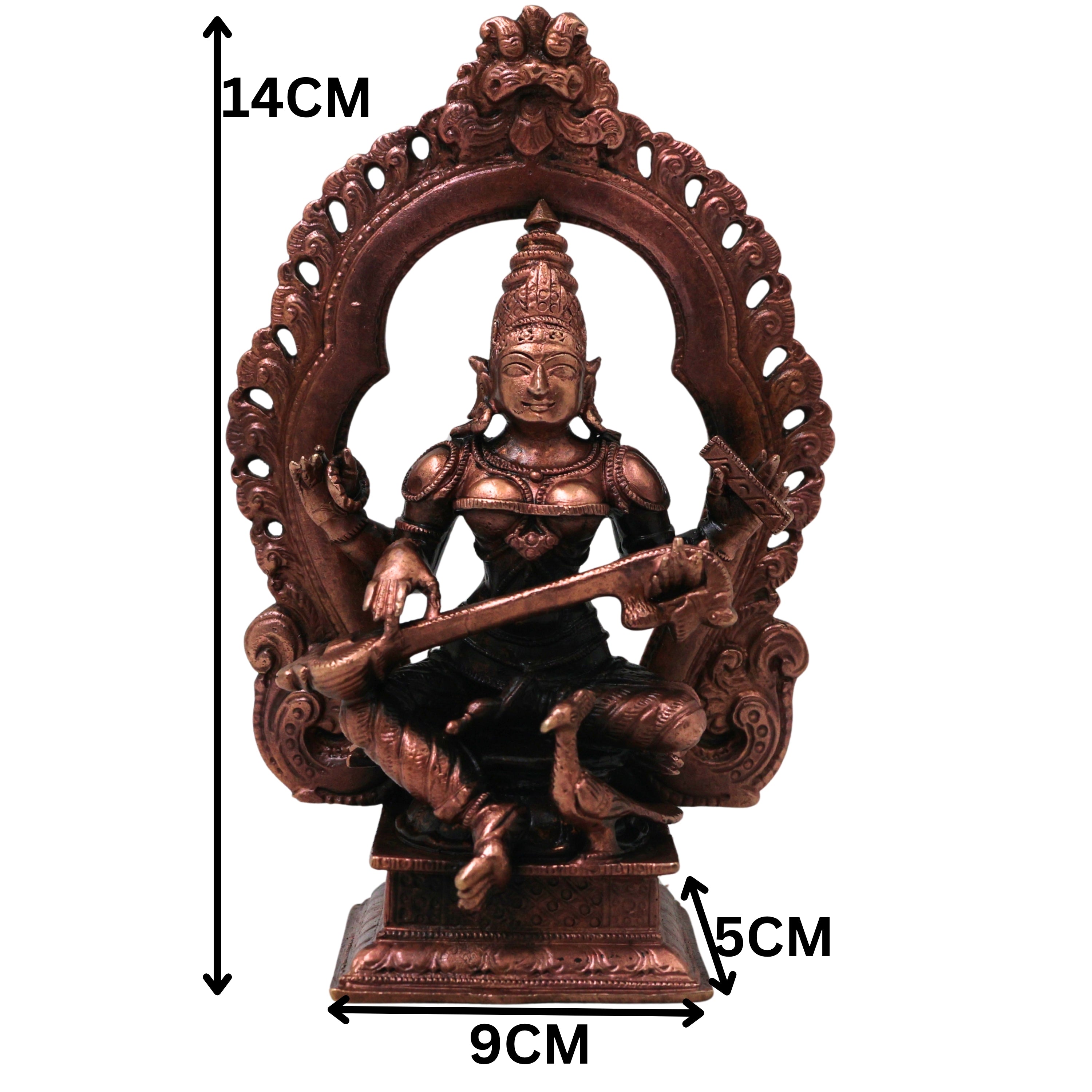 Handcrafted Copper Saraswati Idol Murti Statue for Pooja, Study, Temple Decor &amp; Spiritual Gift, Brown, 5.5 Inch, 1 Piece