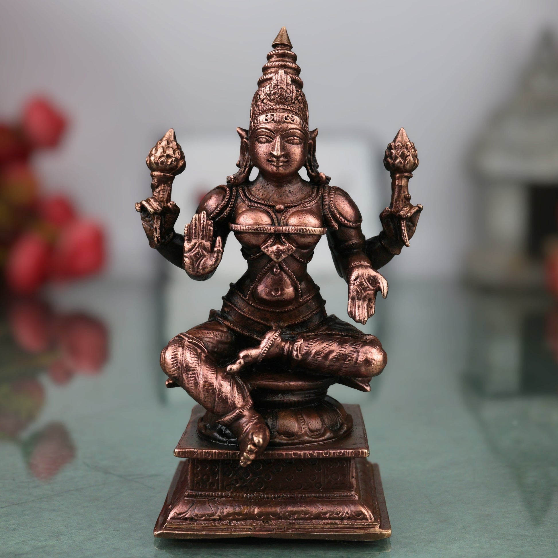 Handcrafted Copper Lakshmi Idol, Mahalakshmi Murti, Traditional Shri Vigraham for Pooja, Vastu &amp; Decor, Brown, 4.5 Inch, 1 Piece