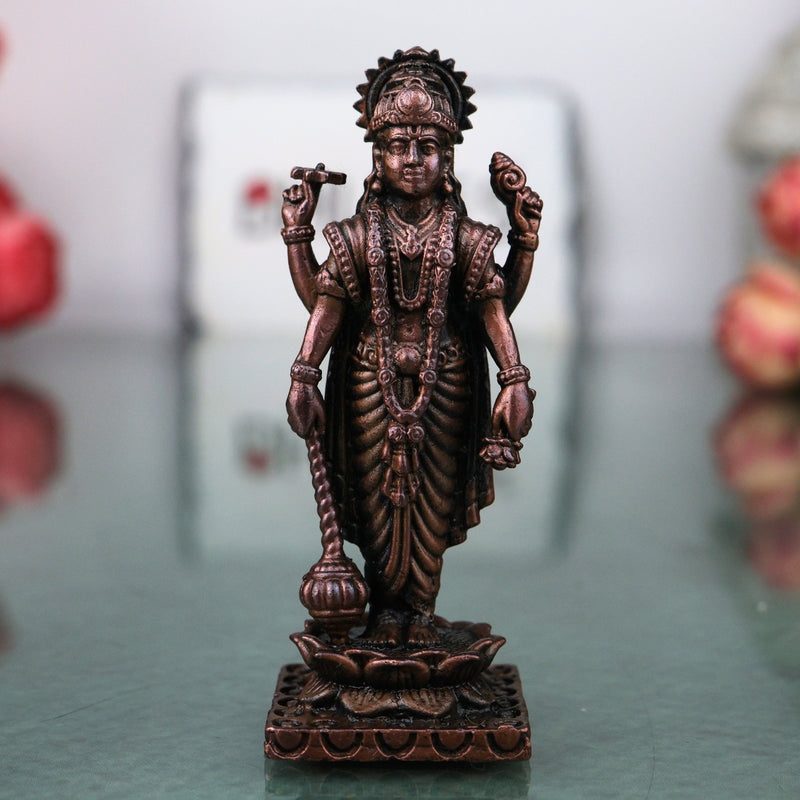 Handcrafted Copper Vishnu Idol, Narayana Perumal Balaji Murti for Pooja, Vastu, Temple &amp; Homedecor, Brown, 2.5 Inch, 1 Piece
