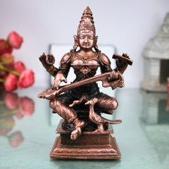 Copper Saraswati Idol Handcrafted Traditional Vagdevi Murti for Pooja Home Decor Gifting Statue, Brown, 4.5 Inch, 1 Piece