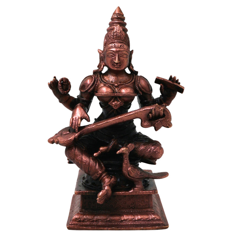 Copper Saraswati Idol Handcrafted Traditional Vagdevi Murti for Pooja Home Decor Gifting Statue, Brown, 4.5 Inch, 1 Piece
