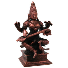 Copper Saraswati Idol Handcrafted Traditional Vagdevi Murti for Pooja Home Decor Gifting Statue, Brown, 4.5 Inch, 1 Piece