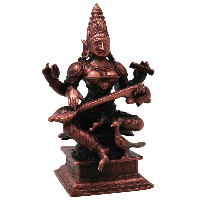 Copper Saraswati Idol Handcrafted Traditional Vagdevi Murti for Pooja Home Decor Gifting Statue, Brown, 4.5 Inch, 1 Piece