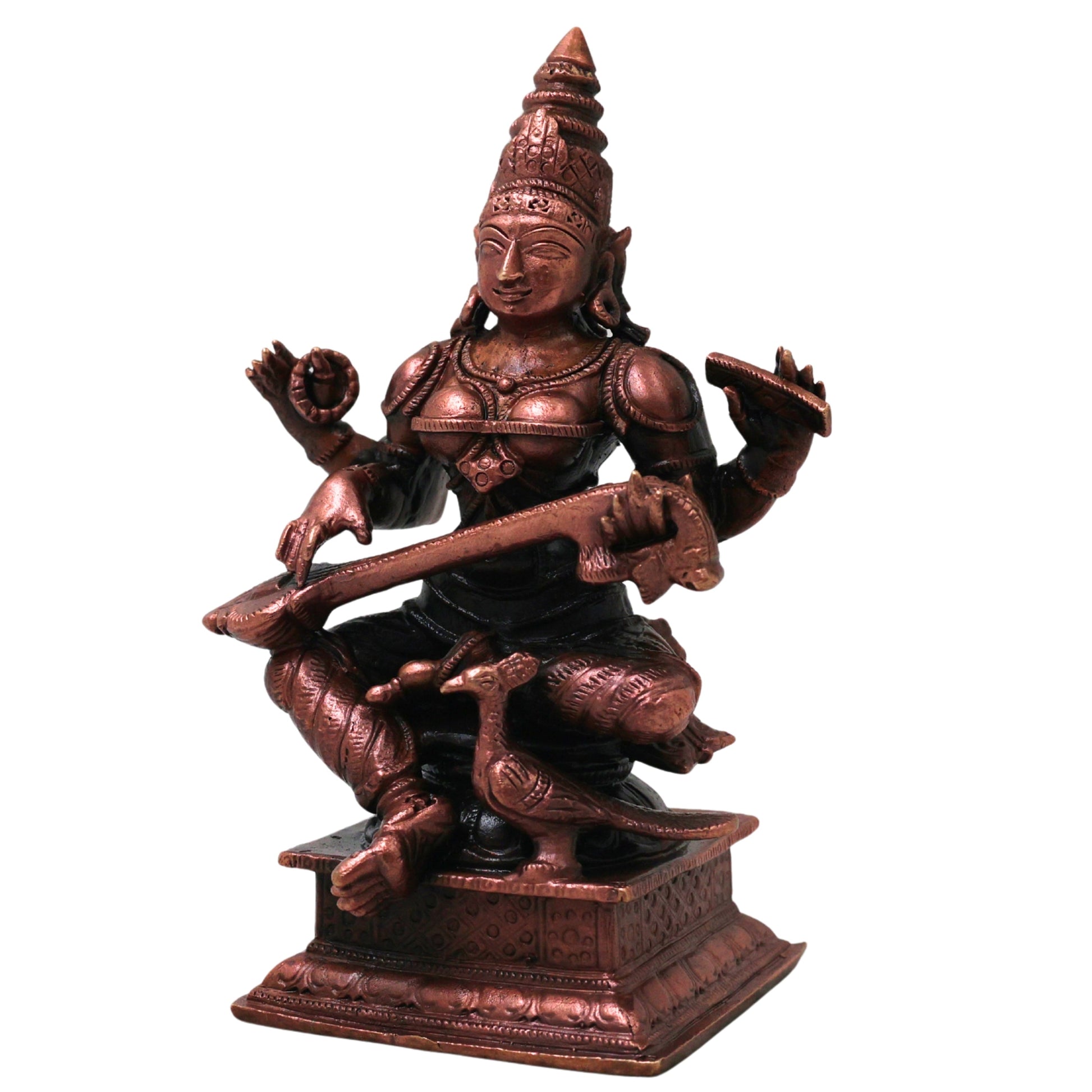 Copper Saraswati Idol Handcrafted Traditional Vagdevi Murti for Pooja Home Decor Gifting Statue, Brown, 4.5 Inch, 1 Piece
