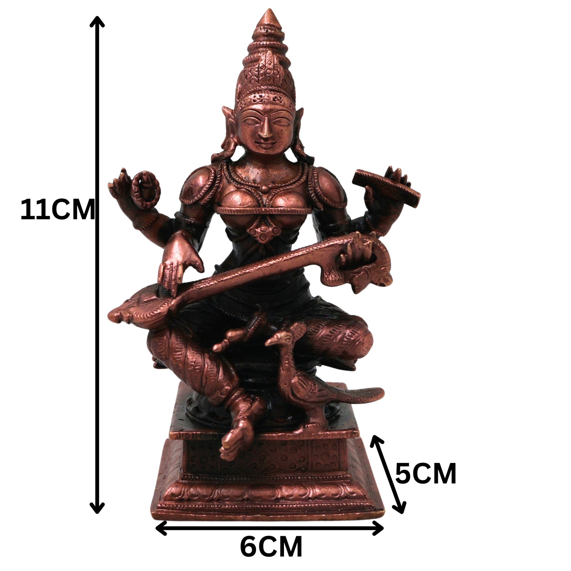 Copper Saraswati Idol Handcrafted Traditional Vagdevi Murti for Pooja Home Decor Gifting Statue, Brown, 4.5 Inch, 1 Piece