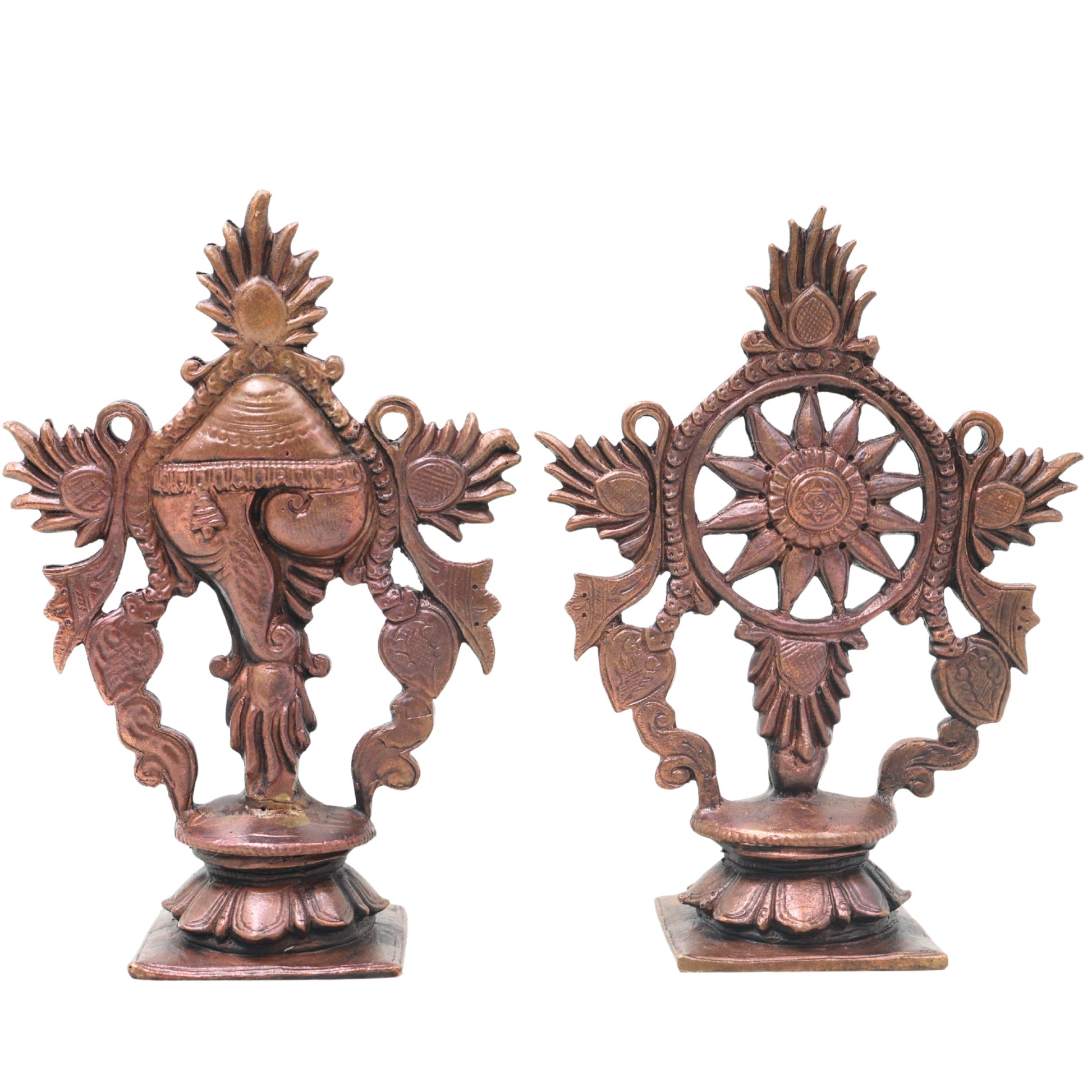 Copper Shankha Chakram Wall Decor, Handcrafted Traditional Vishnu Sudarshana Symbol for Pooja & Gifting, Brown, 4 Inch, 1 Piece