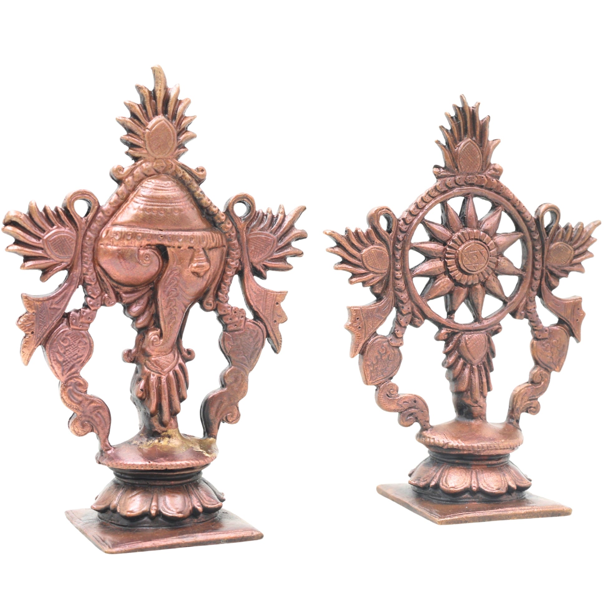 Copper Shankha Chakram Wall Decor, Handcrafted Traditional Vishnu Sudarshana Symbol for Pooja & Gifting, Brown, 4 Inch, 1 Piece