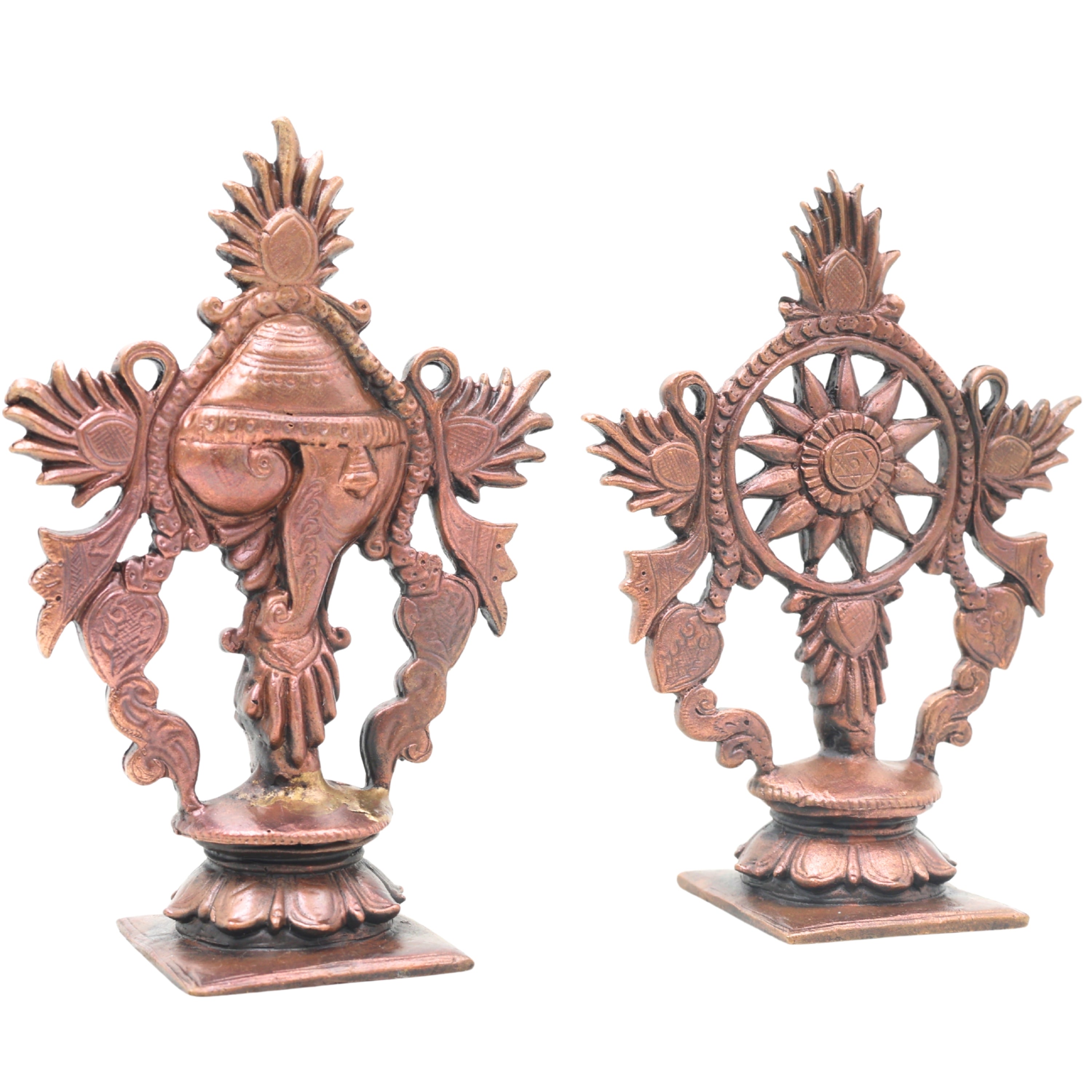 Copper Shankha Chakram Wall Decor, Handcrafted Traditional Vishnu Sudarshana Symbol for Pooja & Gifting, Brown, 4 Inch, 1 Piece