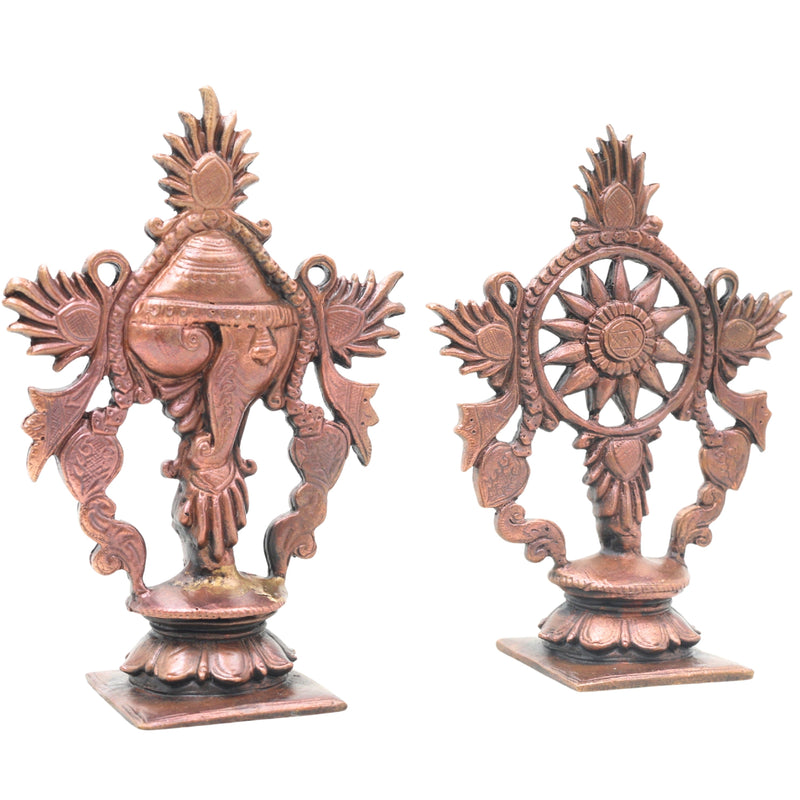 Copper Shankha Chakram Wall Decor, Handcrafted Traditional Vishnu Sudarshana Symbol for Pooja & Gifting, Brown, 4 Inch, 1 Piece