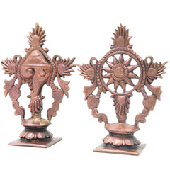 Copper Shankha Chakram Wall Decor, Handcrafted Traditional Vishnu Sudarshana Symbol for Pooja & Gifting, Brown, 4 Inch, 1 Piece