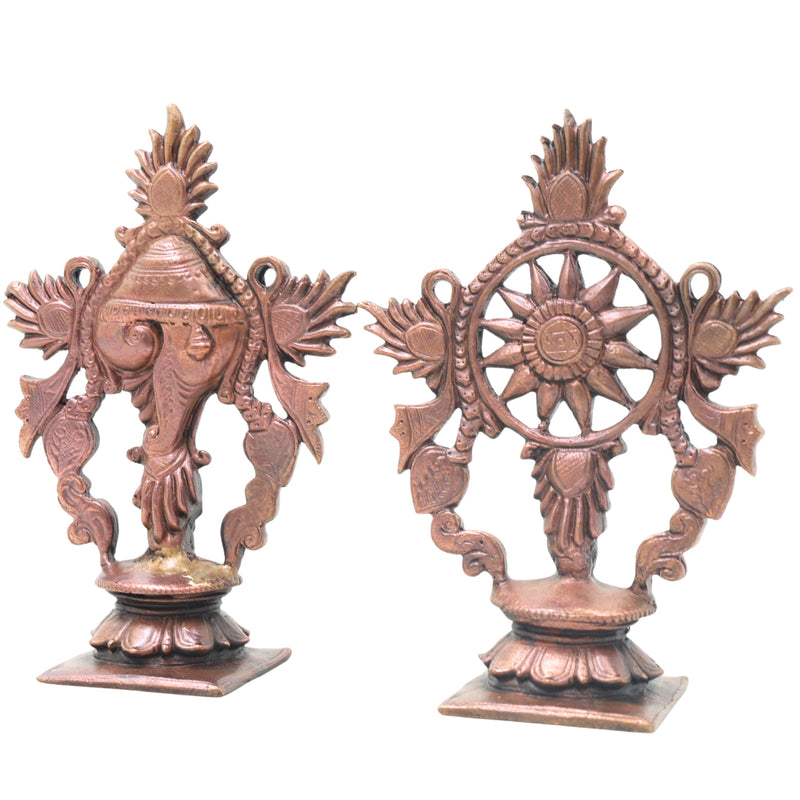 Copper Shankha Chakram Wall Decor, Handcrafted Traditional Vishnu Sudarshana Symbol for Pooja & Gifting, Brown, 4 Inch, 1 Piece