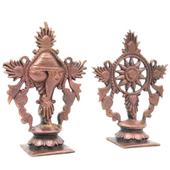 Copper Shankha Chakram Wall Decor, Handcrafted Traditional Vishnu Sudarshana Symbol for Pooja & Gifting, Brown, 4 Inch, 1 Piece