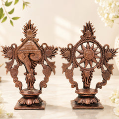 Copper Shankha Chakram Wall Decor, Handcrafted Traditional Vishnu Sudarshana Symbol for Pooja & Gifting, Brown, 4 Inch, 1 Piece