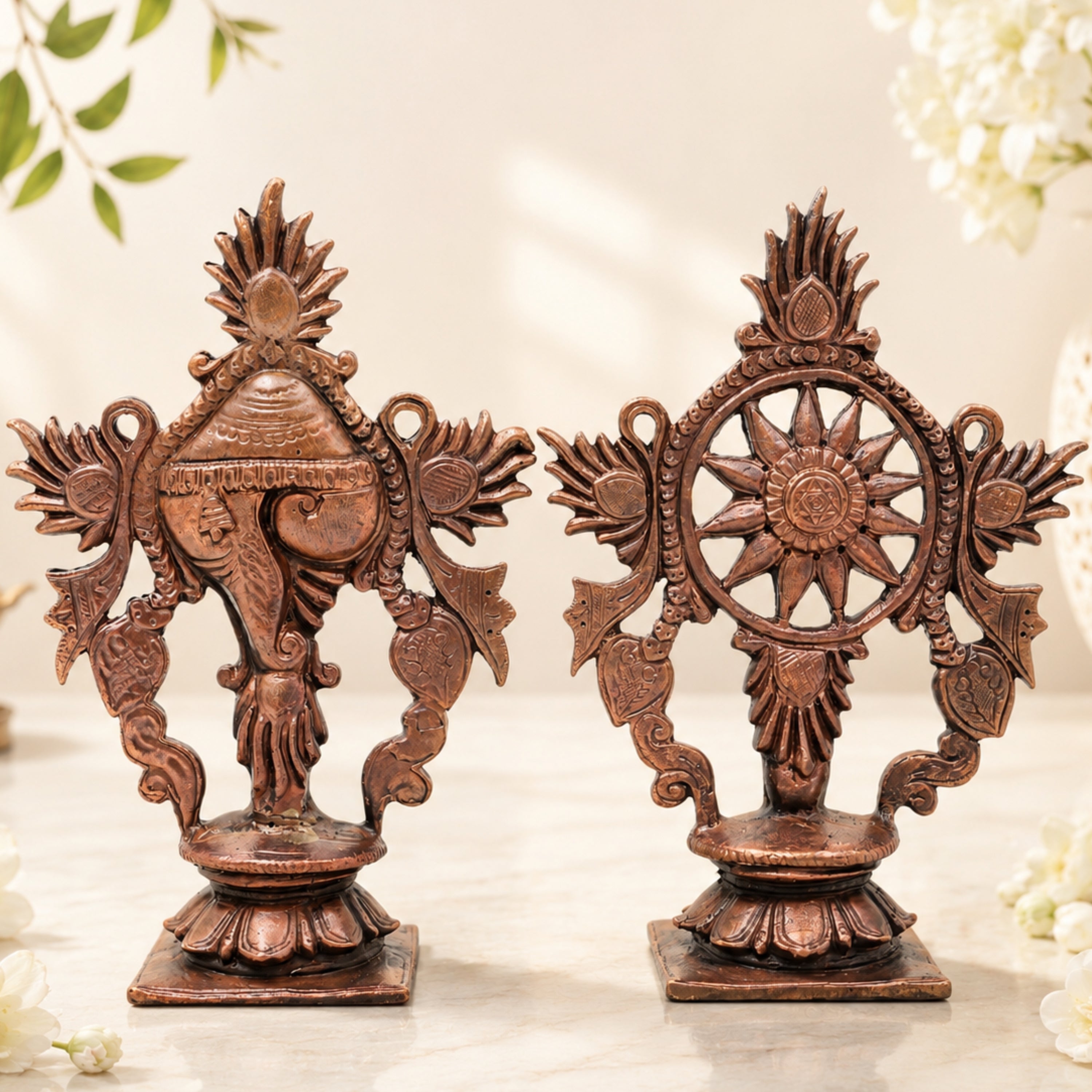 Copper Shankha Chakram Wall Decor, Handcrafted Traditional Vishnu Sudarshana Symbol for Pooja & Gifting, Brown, 4 Inch, 1 Piece