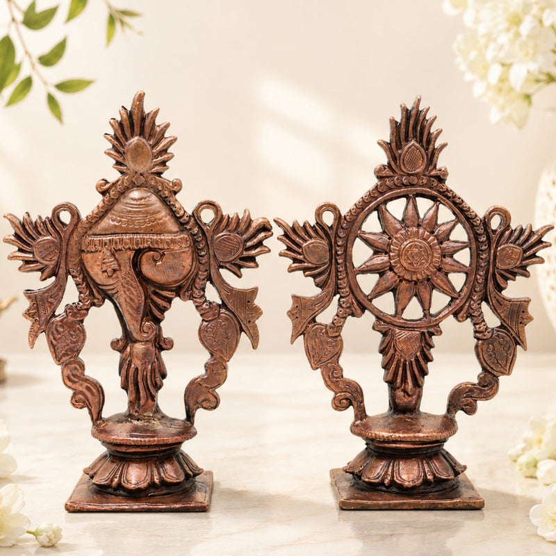 Copper Shankha Chakram Wall Decor, Handcrafted Traditional Vishnu Sudarshana Symbol for Pooja & Gifting, Brown, 4 Inch, 1 Piece