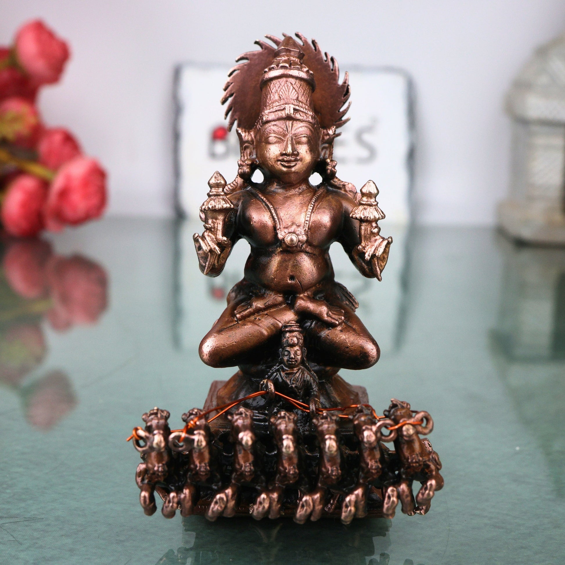 Copper Surya Narayan Idol Handmade Traditional Sun God Murti for Pooja Home Décor & Spiritual Gifting, Brown, 3.5 Inch, 1 Piece