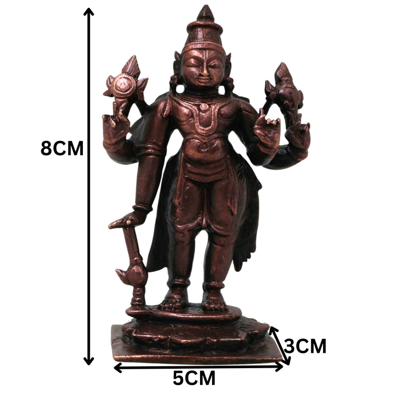 Copper Handcrafted Vishnu Murti Idol, Traditional Narayana Perumal Statue for Pooja, Home Décor & Gifting, Brown, 3 Inch, 1 Piece