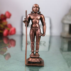 Copper Dandayuthapani Murugan Idol Handmade Traditional Palani Subramanya Statue for Pooja Decor Gift, Brown, 4.5 Inch, 1 Piece