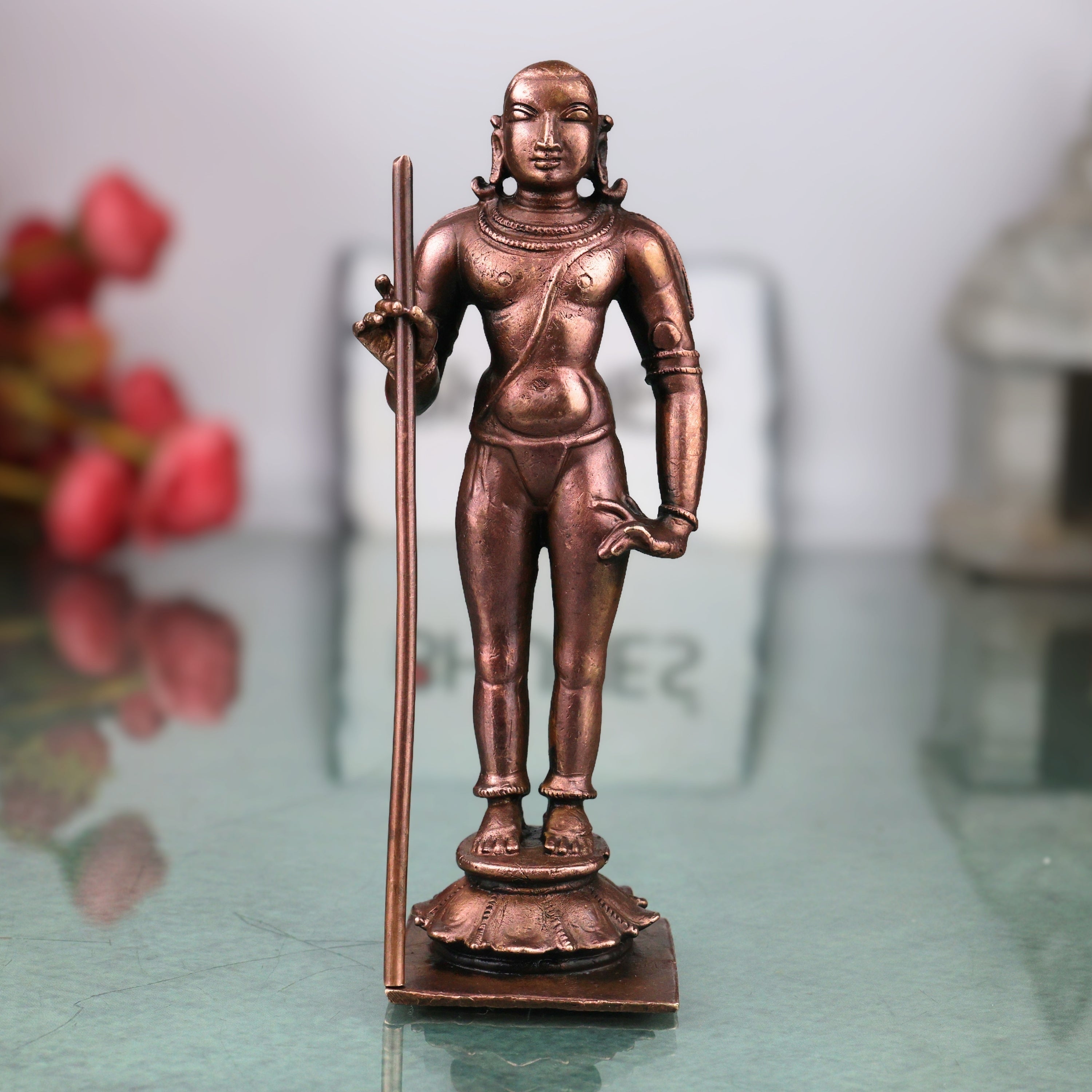 Copper Dandayuthapani Murugan Idol Handmade Traditional Palani Subramanya Statue for Pooja Decor Gift, Brown, 4.5 Inch, 1 Piece