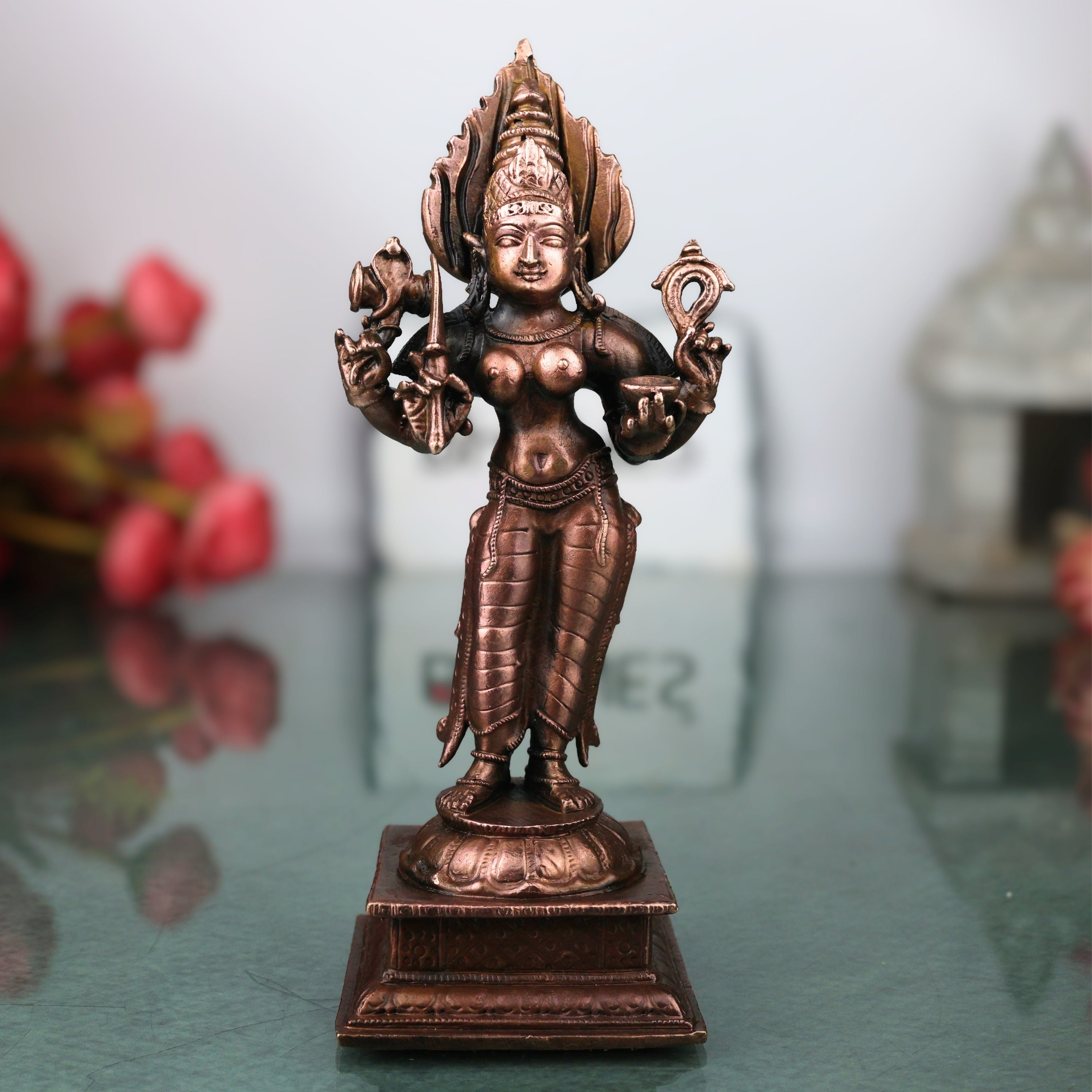 Copper Handcrafted Mariamman Idol Traditional Chola Style Mariyamma Devi Statue for Pooja & Home Decor, Brown, 5.5 Inch, 1 Piece