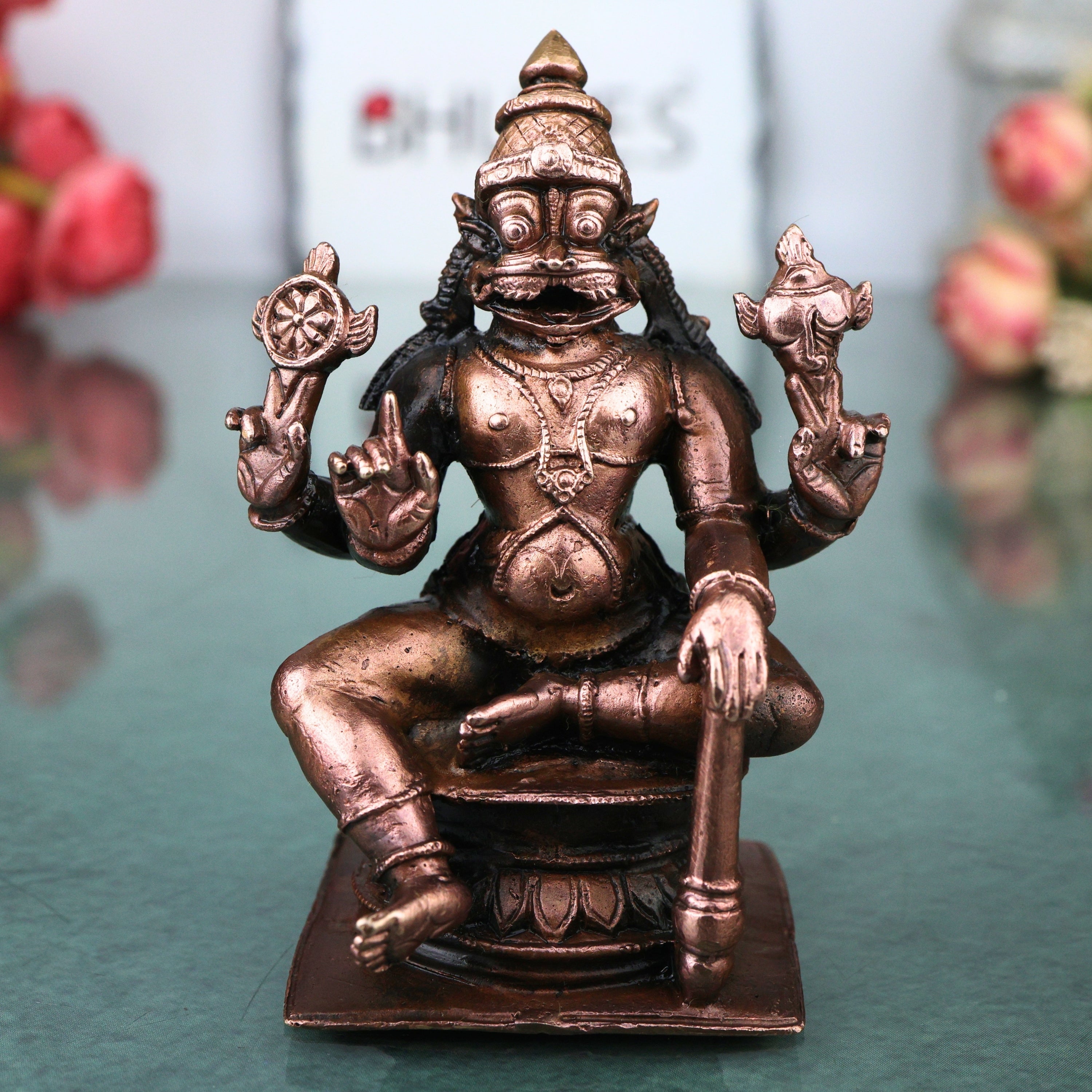 Copper Ugra Narasimha Vigraham Idol for Pooja Decor Gift, Handcrafted Traditional Chola Style Murti, Brown, 3 Inch, 1 Piece