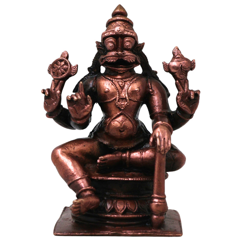 Copper Ugra Narasimha Vigraham Idol for Pooja Decor Gift, Handcrafted Traditional Chola Style Murti, Brown, 3 Inch, 1 Piece