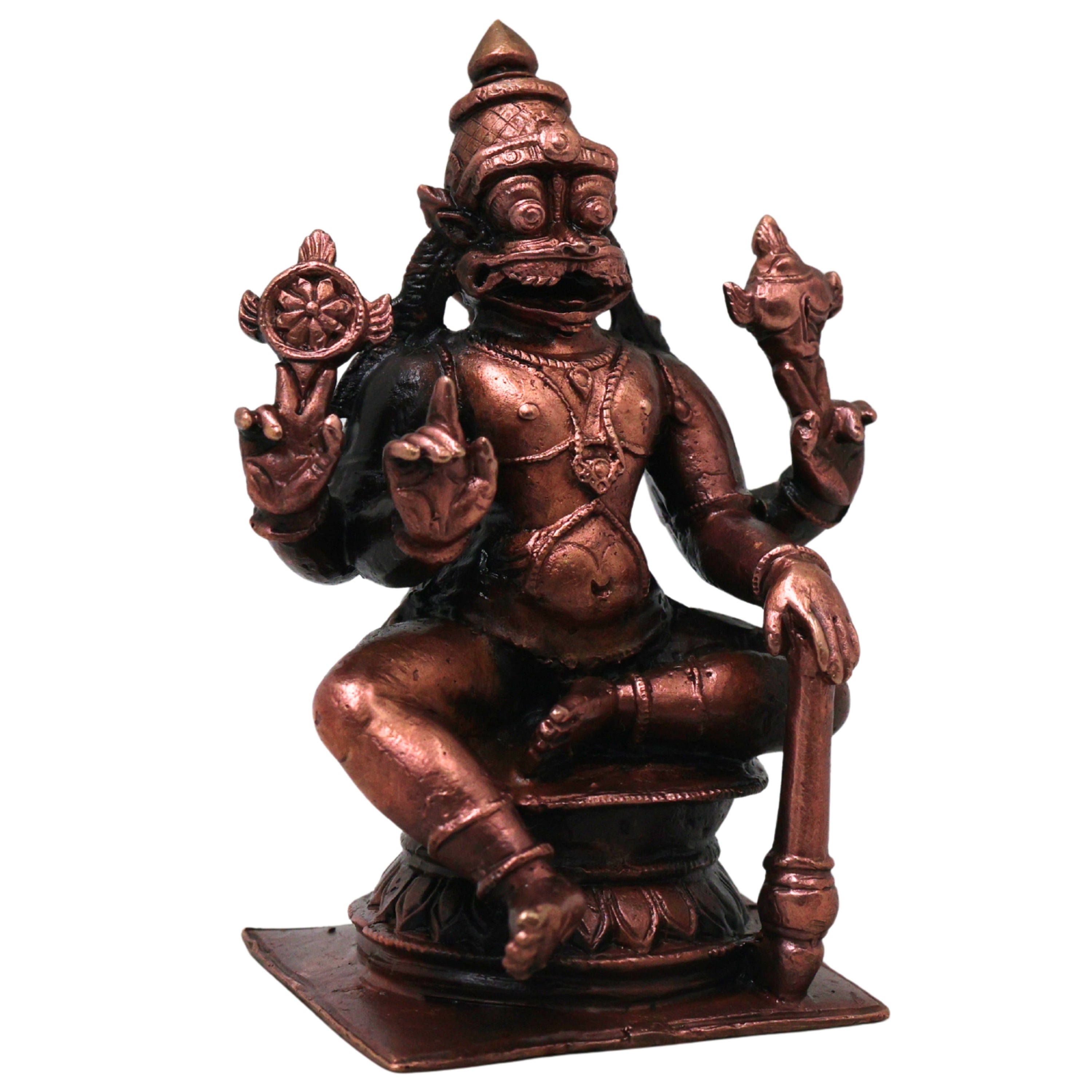 Copper Ugra Narasimha Vigraham Idol for Pooja Decor Gift, Handcrafted Traditional Chola Style Murti, Brown, 3 Inch, 1 Piece