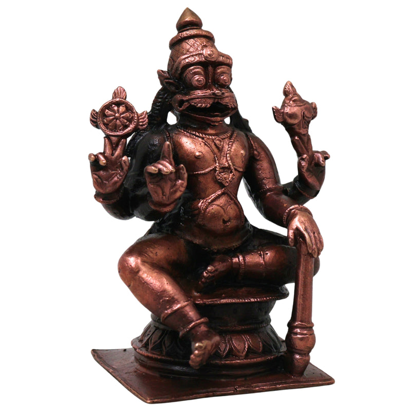 Copper Ugra Narasimha Vigraham Idol for Pooja Decor Gift, Handcrafted Traditional Chola Style Murti, Brown, 3 Inch, 1 Piece
