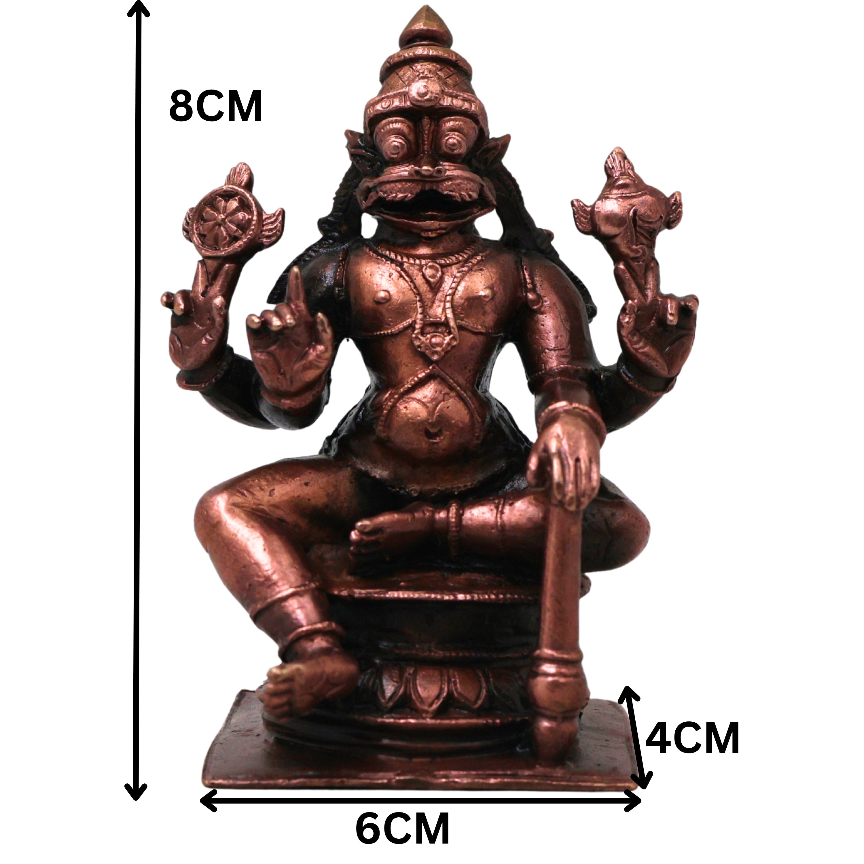 Copper Ugra Narasimha Vigraham Idol for Pooja Decor Gift, Handcrafted Traditional Chola Style Murti, Brown, 3 Inch, 1 Piece