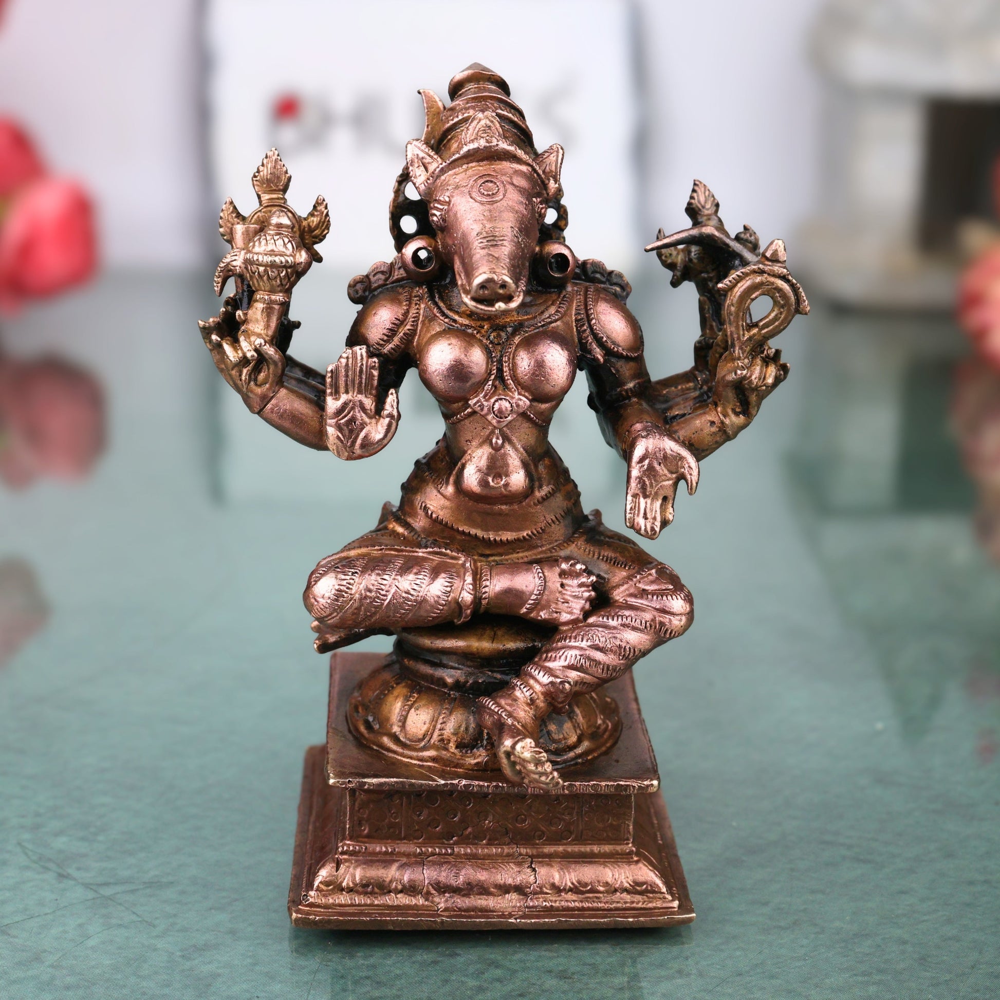 Copper Varahi Amman Idol Handmade Traditional Chola Style Murti for Pooja Home Decor & Gifting, Brown, 4 Inch, 1 Piece