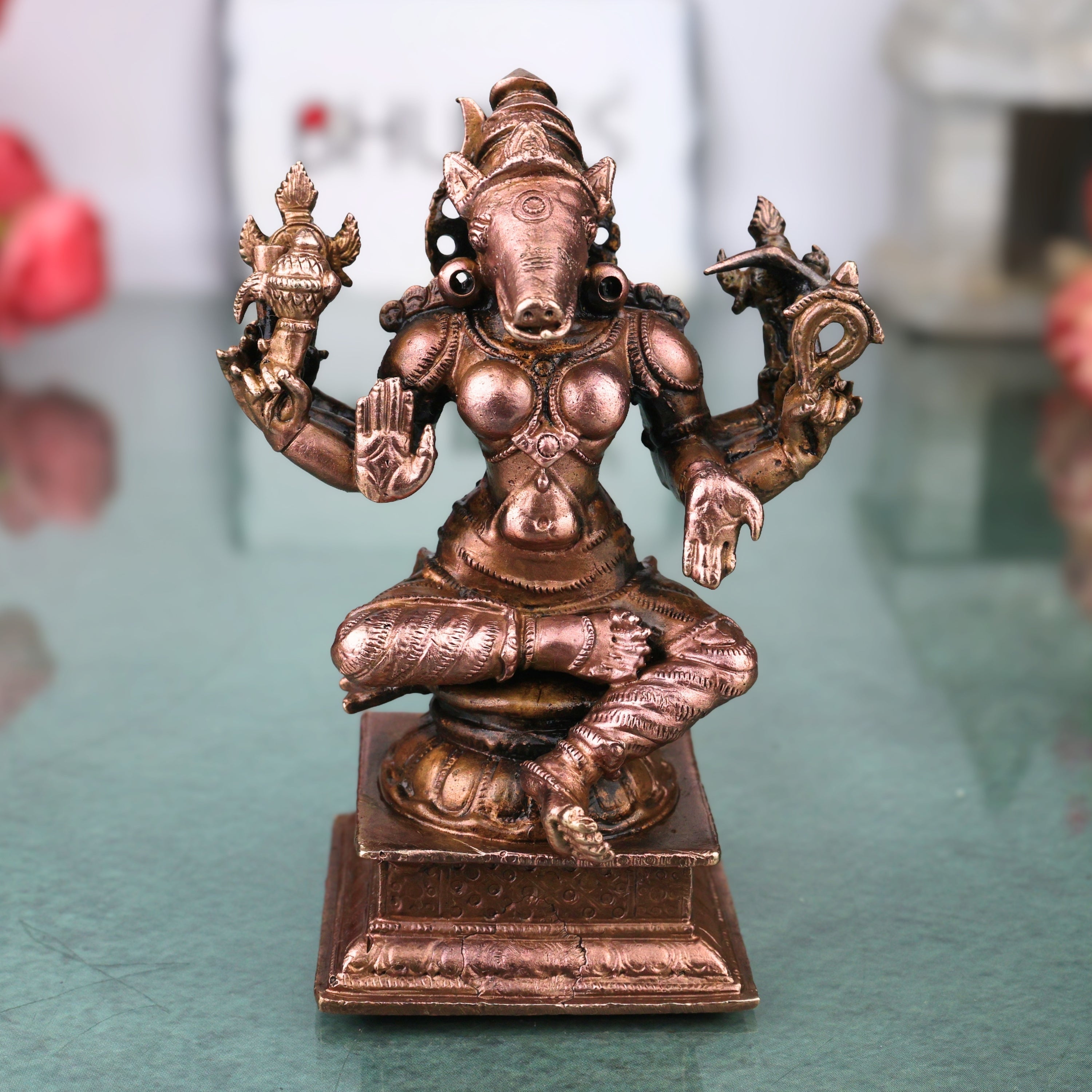 Copper Varahi Amman Idol Handmade Traditional Chola Style Murti for Pooja Home Decor & Gifting, Brown, 4 Inch, 1 Piece