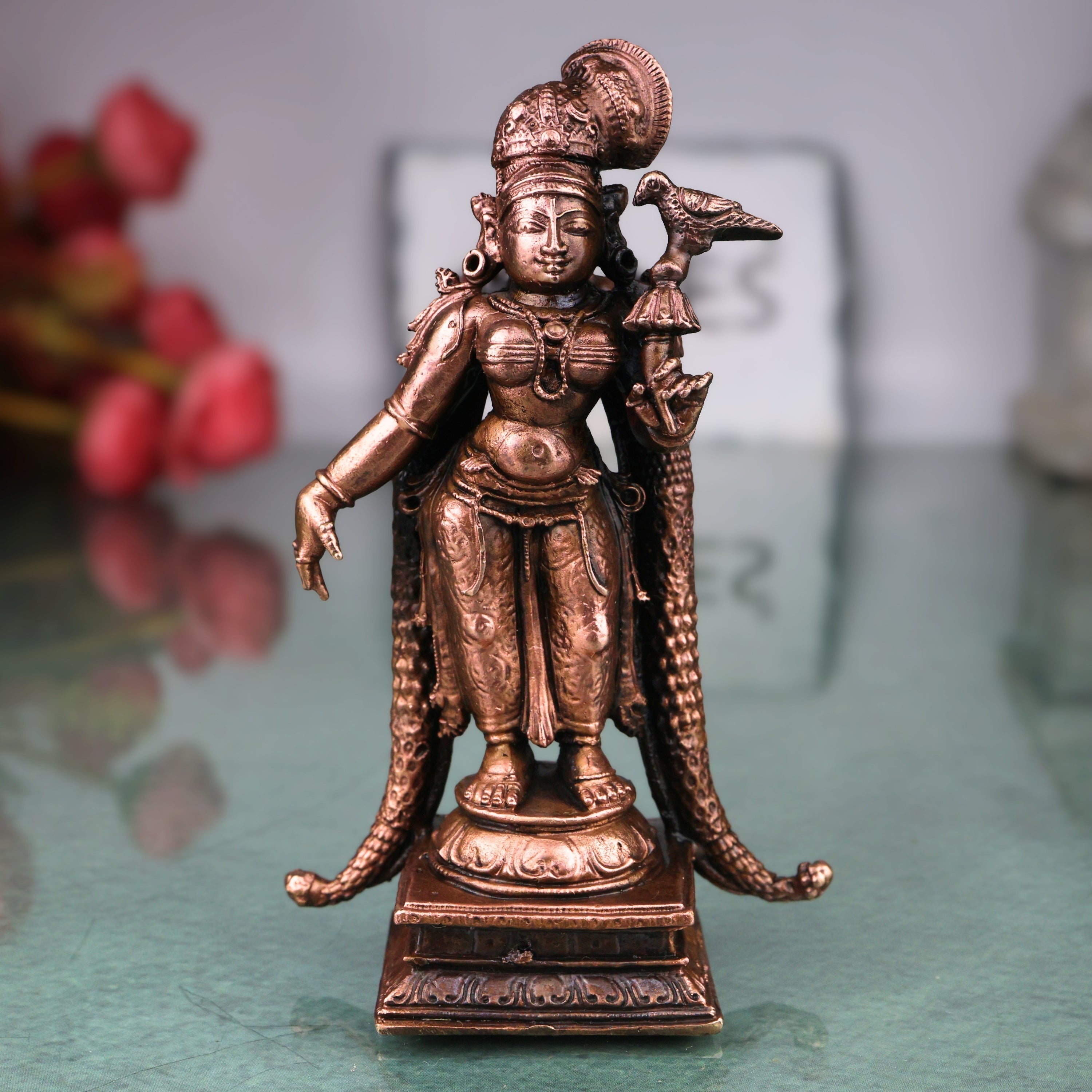 Meenakshi Copper Meenakshi Amman Idol Handcrafted Traditional Chola Devi Murti for Pooja Home Decor Gifting, Brown, 4.5 Inch, 1 Piece