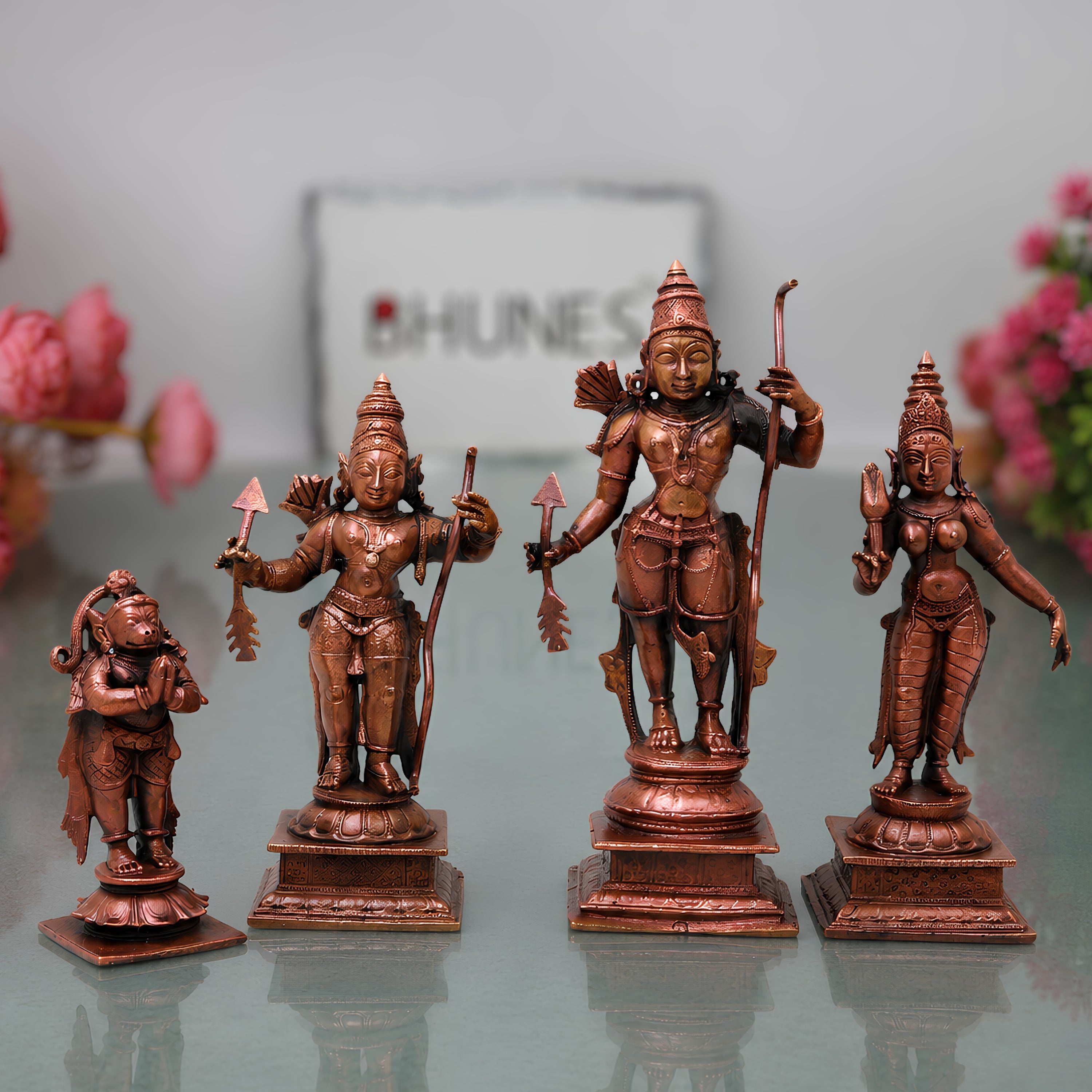 Copper Ramdarbar Idol with Sita Ram Lakshman Hanuman for Pooja, Handcrafted Vastu & Home Decor, Brown, 6 Inch, 1 Piece